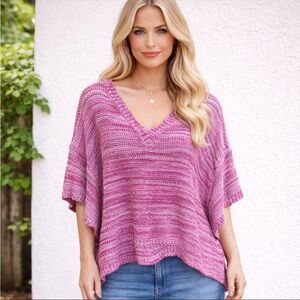 Uncharted Threads Women’s XL Pink Open Knit V-Neck Short Sleeve Sweater